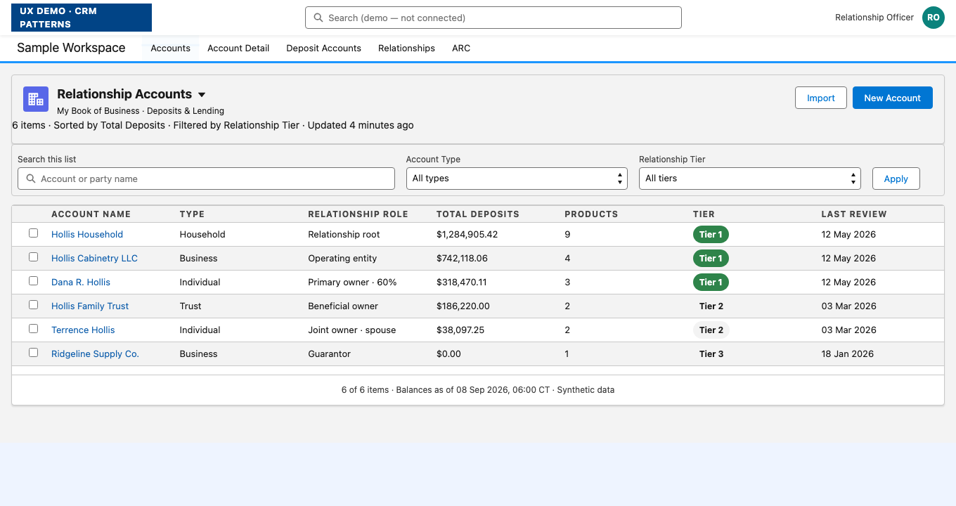 Account list view with relationship tier badges and total deposits