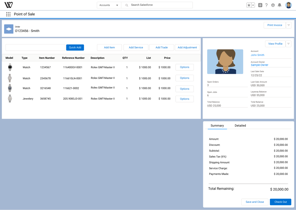 Point of sale order page with line items on the left and account plus order summary on the right