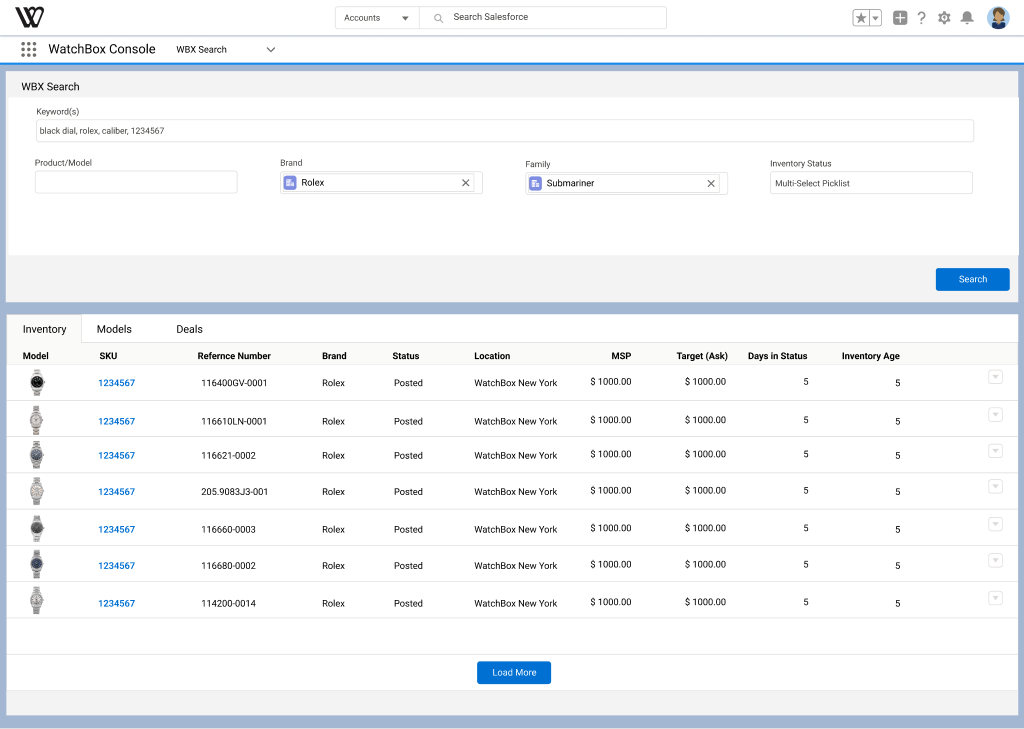 Watch Box inventory search with keyword and brand filters over a tabbed results table